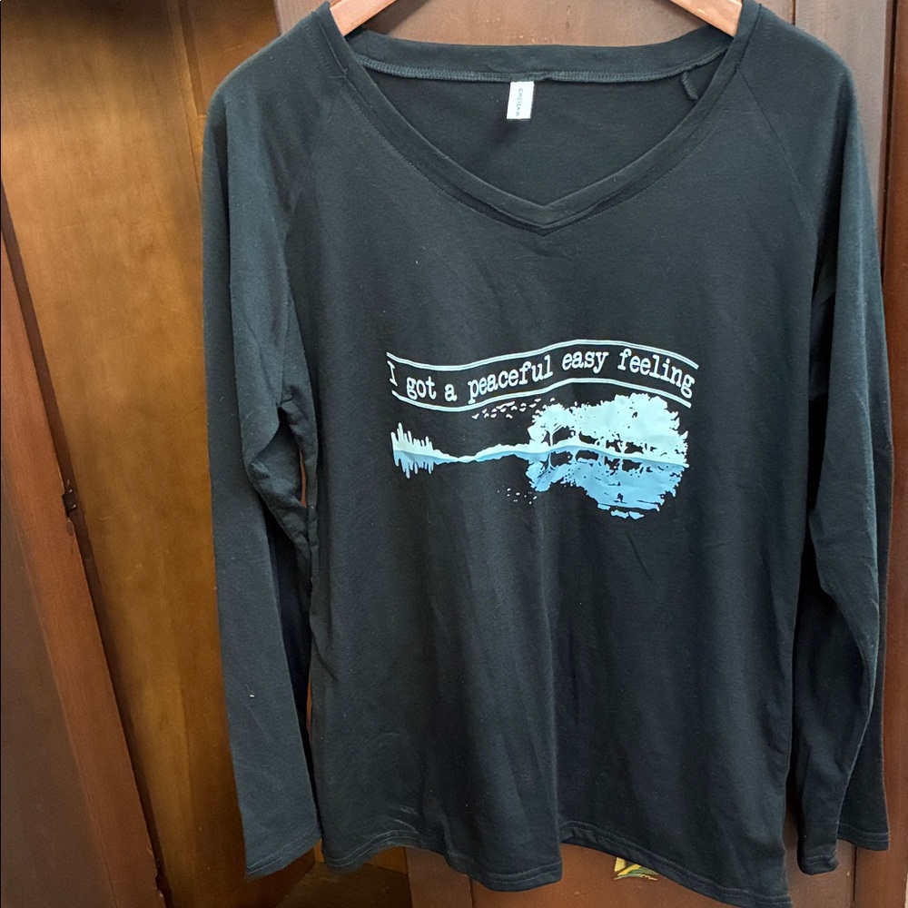 Black V-Neck Long-Sleeve Graphic Tee with Light Blue Guitar Print